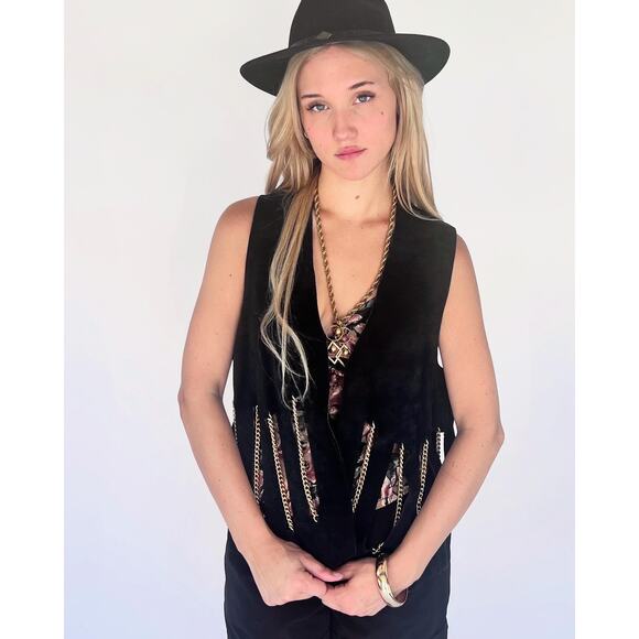 VTG Black Suede Vest w/ Gold Chain Fringe OS